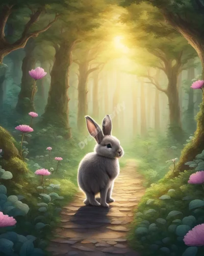 A cute bunny leading the dreamer through a magical forest, representing innocence and guidance.