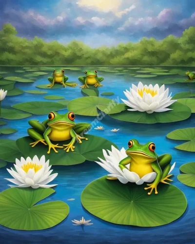 Frogs leaping between lily pads, each pad a different dream scene, representing transformation.