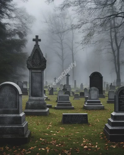 Tombstones in a misty graveyard, each revealing a life story, symbolizing mortality and memory.