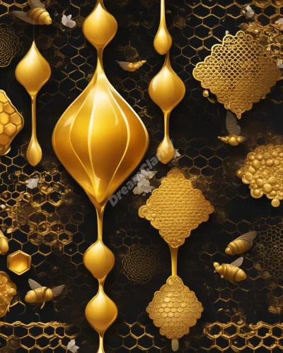 Honey dripping to form golden dream symbols, representing sweetness and natural wisdom.