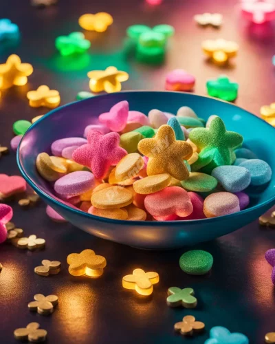 Various lucky charms glowing and floating in a dreamy space, symbolizing hope and fortune.