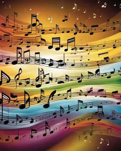 Musical notes forming visible shapes and scenes, representing harmony and emotion in music dreams.