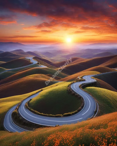 A winding road leading through various dreamscapes, symbolizing life's journey.