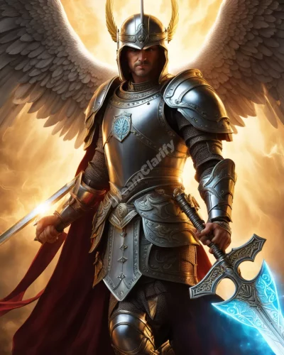 Archangel Michael with glowing sword and shield, representing divine protection and guidance.