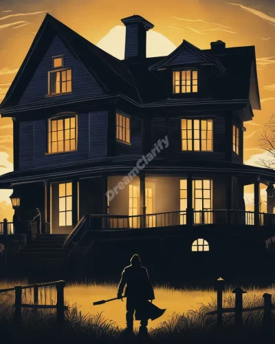 A house with shadowy figures sneaking around, symbolizing violation of security in burglary dreams.