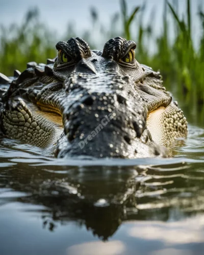 A crocodile emerging from water, its scales revealing hidden dream symbols, representing primal fears.