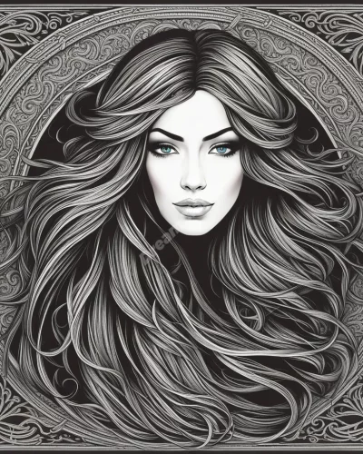 Long hair growing and weaving into dream symbols, representing strength and femininity.