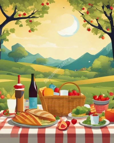 A dreamy picnic scene with food items transforming into symbols, representing leisure and nourishment.