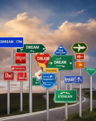 Road signs pointing to various dream destinations, symbolizing guidance and life directions.