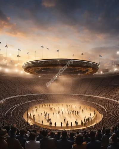 An arena with spectators transforming into dream symbols, representing public performance and judgment.