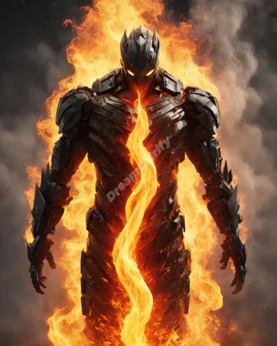 Flames transforming a figure, revealing inner strengths, symbolizing transformation in burn dreams.