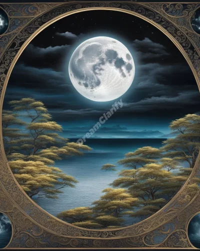 A full moon illuminating a dreamscape, revealing hidden aspects, symbolizing enlightenment and cycles.