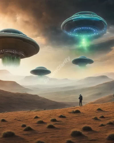 Alien figures emerging from UFOs in a dreamy landscape, representing fears of the unknown.