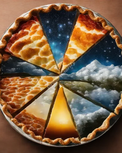 A pie with each slice revealing a different dream scene when cut, representing life's variety.