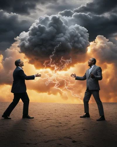 Two figures in a heated argument, their words forming storm clouds, symbolizing conflict.