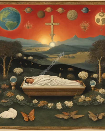 A burial scene with the earth revealing hidden dream symbols, representing endings and transformation.