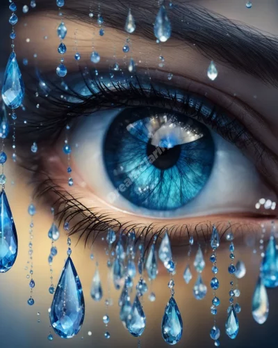 Tears falling and transforming into dream symbols, representing emotional release and clarity.