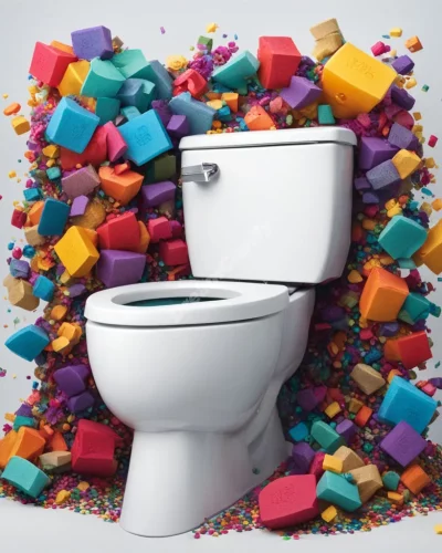 A toilet overflowing with colorful dream symbols, representing emotional overflow and release.