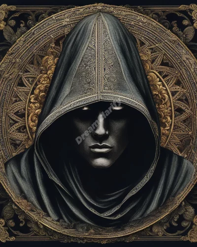 A hooded figure revealing different faces, representing mystery and hidden aspects of self.