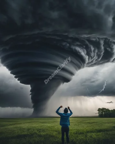 Illustration of a person falling into a massive tornado, symbolizing dream experiences of loss of control and transformation.