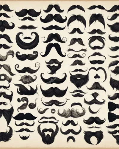 A mustache growing and changing shape, revealing hidden expressions, symbolizing masculinity and disguise.