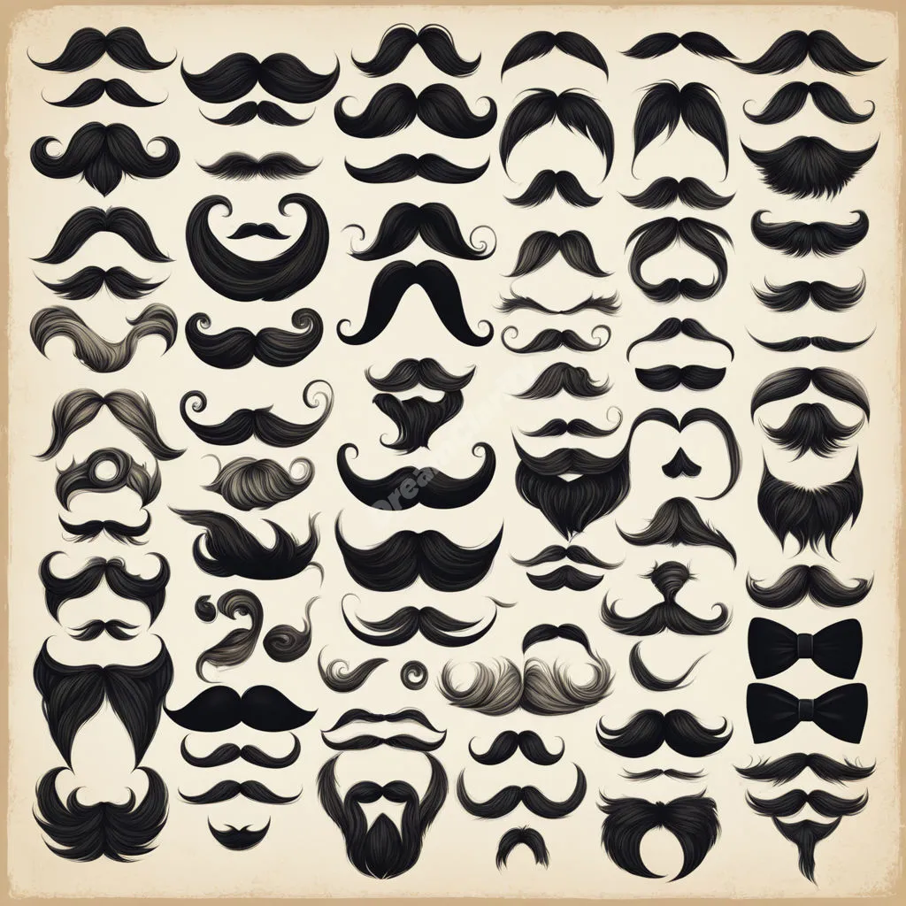 A mustache growing and changing shape, revealing hidden expressions, symbolizing masculinity and disguise.