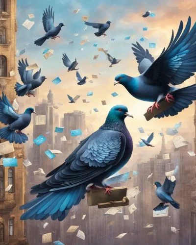 Pigeons carrying messages with dream symbols, representing communication and urban life.