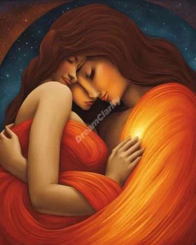 Two figures embracing, surrounded by a warm glow, representing comfort and intimacy in cuddle dreams.