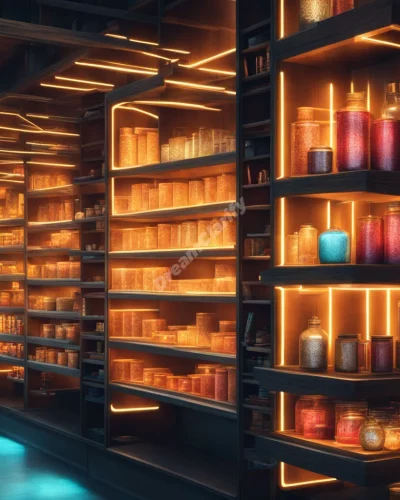 Shelves organizing themselves with glowing items, representing order and assessment in inventory dreams.