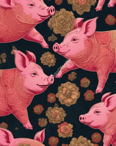 Pigs transforming into various symbols of abundance, representing prosperity and base instincts.