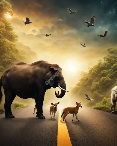 Animals on a road transforming into spirit guides, representing unexpected encounters and guidance.