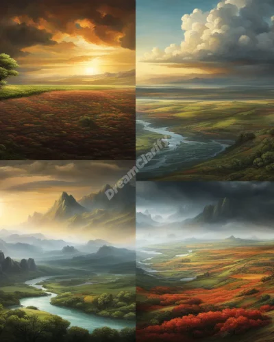 A landscape transforming through apocalyptic scenes, each revealing a hidden truth, symbolizing major life changes.