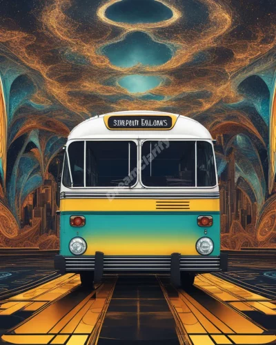 A bus traveling through different dream realms, representing life's journey and shared experiences.