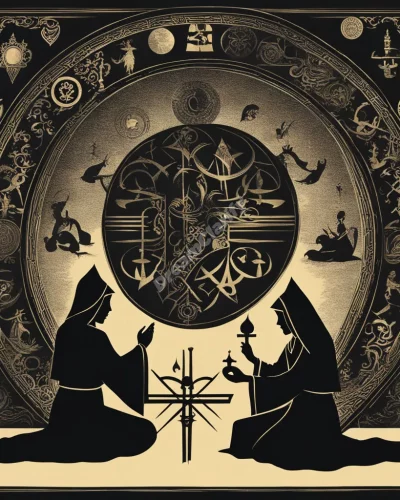 Shadowy figures performing rituals, surrounded by mysterious symbols, representing group influence.