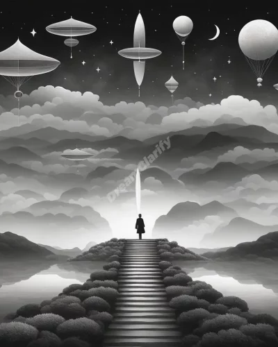 A grayscale landscape with dream symbols emerging, representing dreaming in grey.