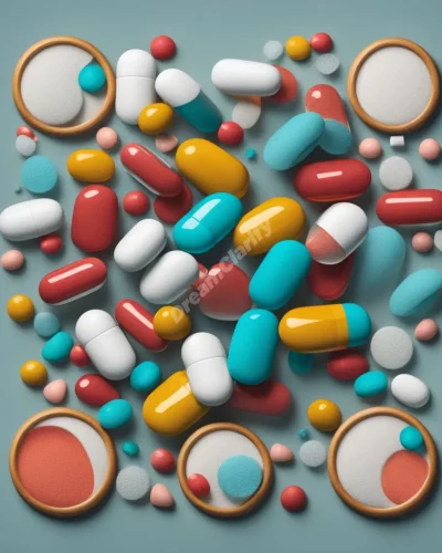 Pills dissolving to reveal hidden dream symbols, representing medication and health in dreams.