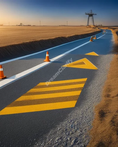 A road under construction with dream symbols as construction materials, symbolizing life changes.