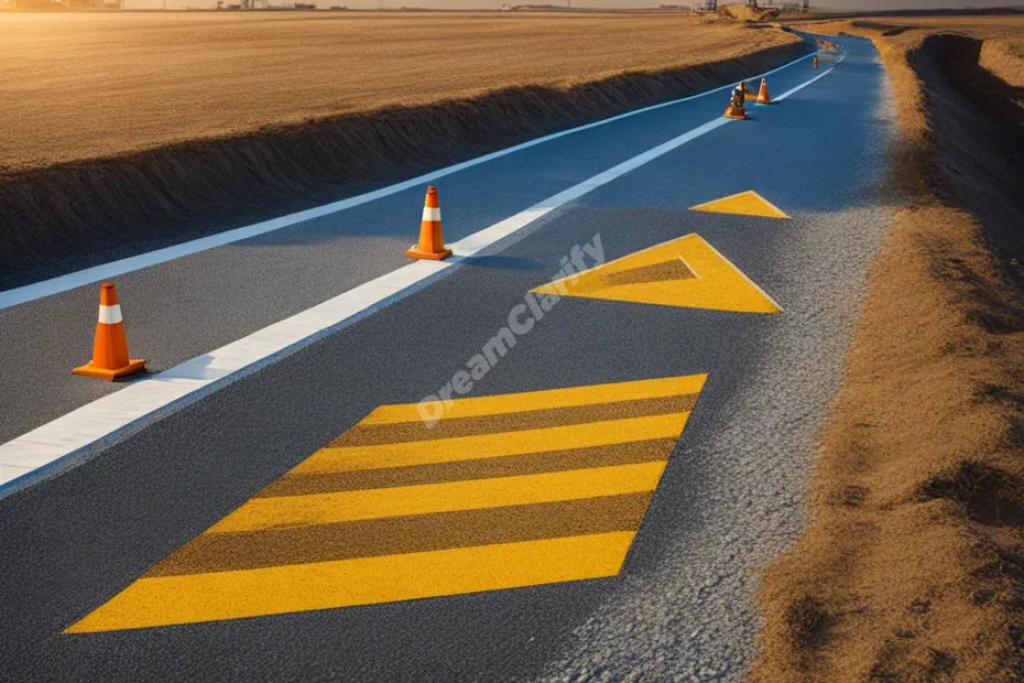 A road under construction with dream symbols as construction materials, symbolizing life changes.