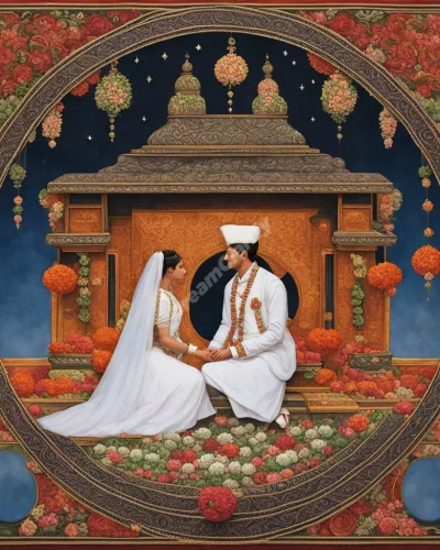 Two people joined by traditional symbols, representing arranged marriage dreams.