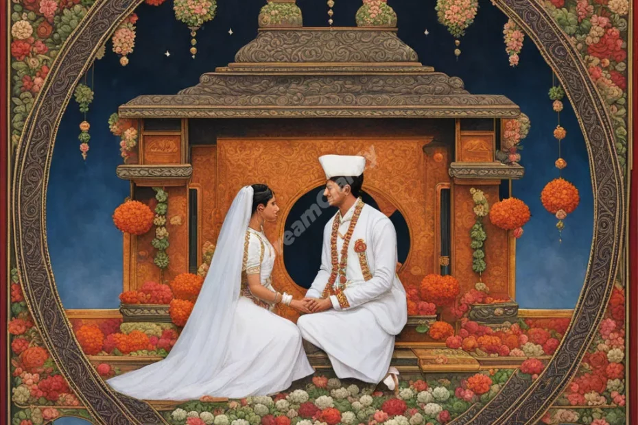 Two people joined by traditional symbols, representing arranged marriage dreams.