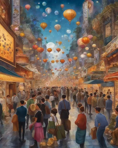 A crowded scene with various dream symbols hidden among people, representing busy places.