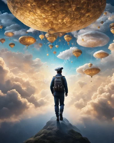 A pilot navigating through clouds of dream symbols, representing guidance and direction.