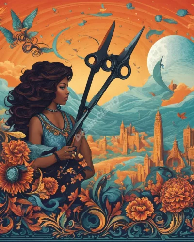 Scissors cutting hair that transforms into dream symbols, representing change and identity.