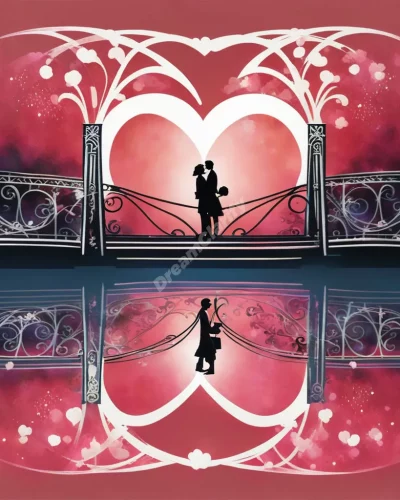 Two figures connected by a bridge of heart-shaped dream symbols, representing love and connection.