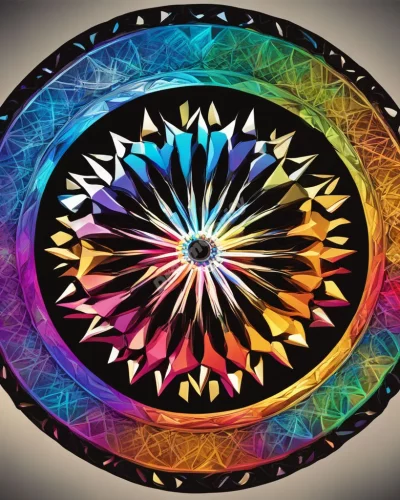 A bicycle wheel spinning to create a kaleidoscope of dream symbols, representing life's journey.