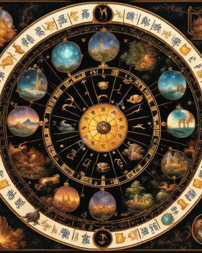 A zodiac wheel with each sign revealing a unique dream scene, representing fate and personality.