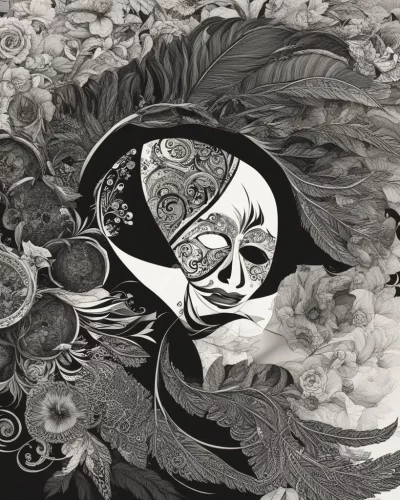 A figure in a mask taking dream symbols, representing loss or violation.