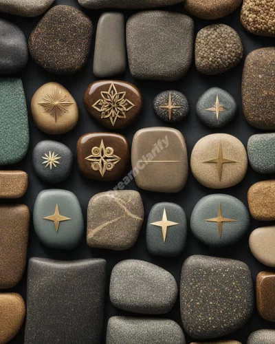 Stones arranged in a meaningful pattern, each one revealing a dream symbol when turned over.