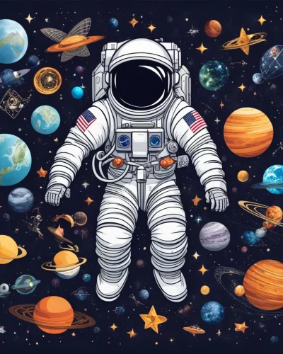 An astronaut floating through a space filled with dream symbols, representing exploration and isolation.