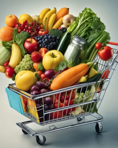 A shopping cart filled with groceries that transform into dream symbols, representing nourishment and choices.